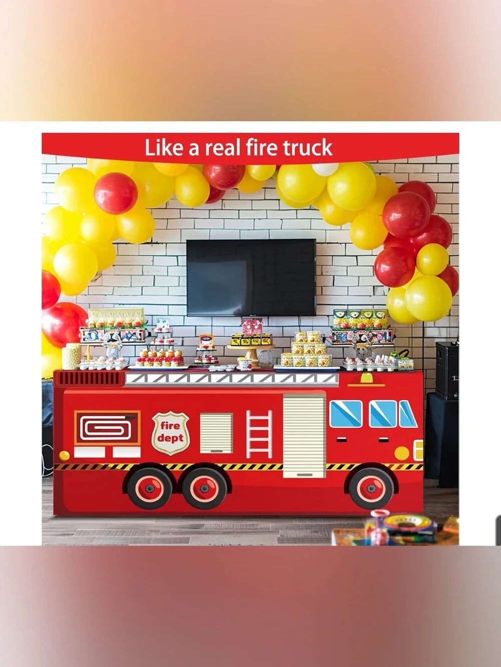 Kids Red Fire Truck Table Cover - Fun Party Decoration Fits 4 Ft Table